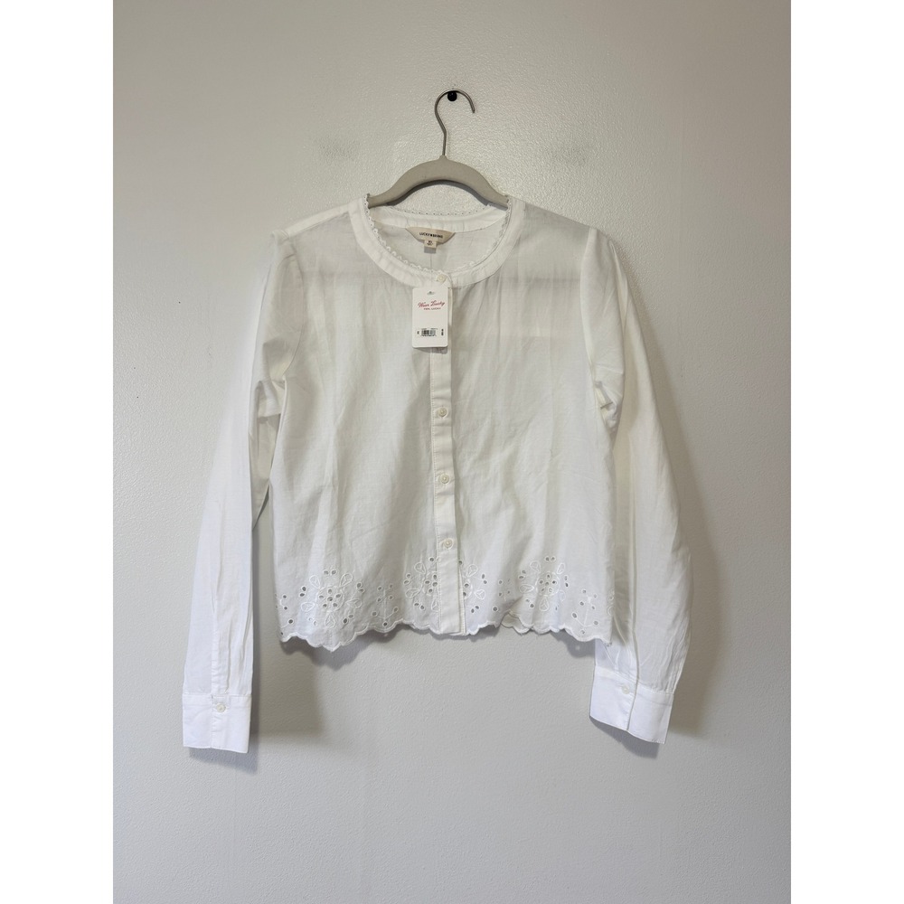 Lucky Brand White Eyelet Scallop Hem Cotton Button Front Top XS 143461